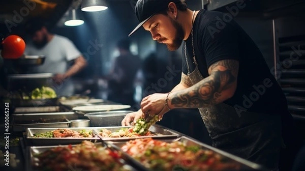 Fototapeta Candid shot of tacos being made in a foodtruck