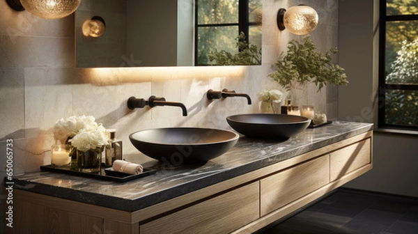 Fototapeta The bathroom boasts an exquisite design featuring a white oak vanity, a marble countertop, elegant golden fixtures, and a sleek circular mirror in black.