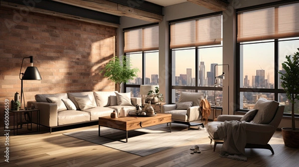 Fototapeta Interior roller blinds are installed in the living room, featuring white colored roller shades on the windows. Within the same room, there are also a houseplant and a sofa present