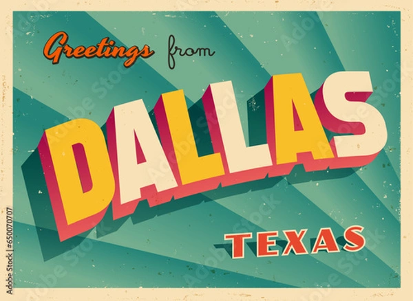 Fototapeta Greetings from Dallas, Texas, USA - Wish you were here! - Vintage Touristic Postcard. Vector Illustration. Used effects can be easily removed for a brand new, clean card.