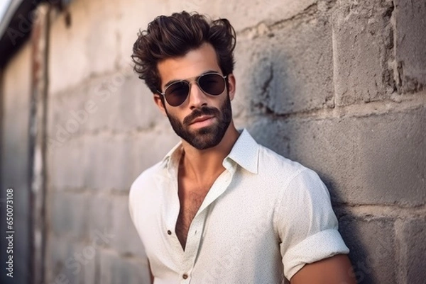 Obraz shot of an attractive man in retro sunglasses standing outdoors against a wall