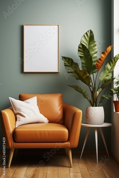 Fototapeta Living room with a blank empty mockup painting frame on a wall