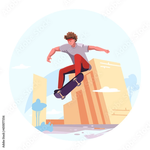 Fototapeta Man jumping on skateboard in city park. Skateboarder silhouette in maneuver sequence. Man performing various sports activities. Flat vector illustration in cartoon style