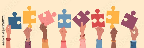 Obraz Diverse multiracial hands holding a pieces of jigsaw. Team cooperation and communication. Hand drawn vector vector illustration isolated on light background, flat cartoon style.