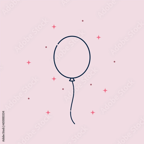 Fototapeta Line drawing of celebration balloon with confetti. Isolated object on a light pink background. Simple flat design. Vector drawing