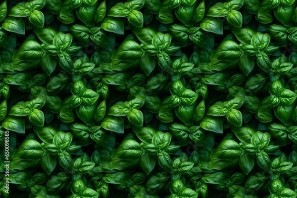 Obraz Fresh basil, seamless repeated pattern. Top view, flat lay, kitchen herbs and food background.