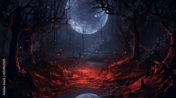 Fototapeta ホラー 森 月 赤 血 ファンタジー 冒険 幻想的