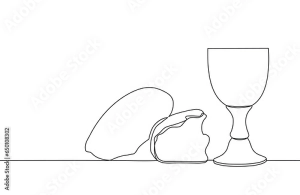 Fototapeta Freehand drawing with one continuous line. Cup of wine and bread for the Lord's supper