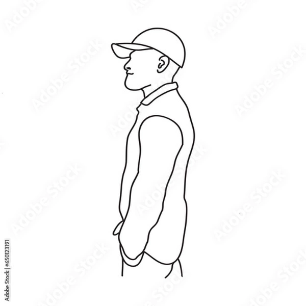 Fototapeta Standing man with wearing cap. Outline drawing on white. 