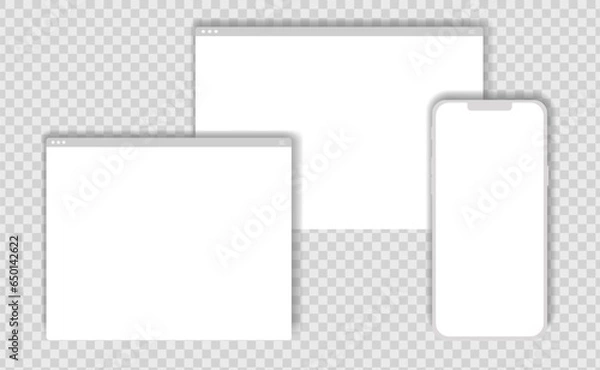Fototapeta Business template with web browser window, phone screen.  Web page mockup for analysis, motivation, data. Blank device. User interface elements. Vector isolated illustration on transparent background.