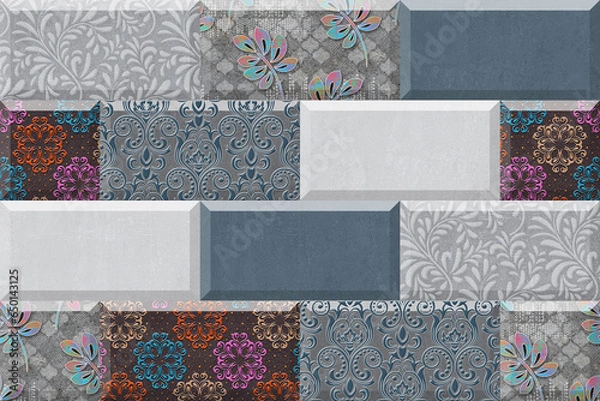 Fototapeta Digital Wall Tile Decor For interior Home or Rustic Ceramic wall tile Design, Heavily Mixed Wall Art Decor For Home, wallpaper, linoleum, textile, background