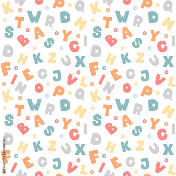 Fototapeta Vector seamless pattern of colorful funny letters on a white background. Suitable for baby prints, kids room decor, wallpaper, wrapping paper, stationery, scrapbooking, etc.