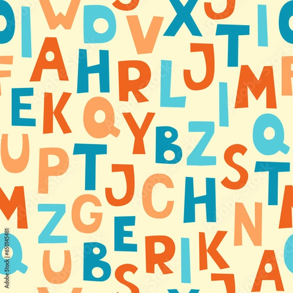 Fototapeta Vector seamless pattern of colorful funny letters on a yellow background. Suitable for baby prints, kids room decor, wallpaper, wrapping paper, stationery, scrapbooking, etc.