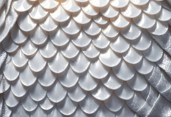 Fototapeta white dragon scale texture background image. Close-up 3D fantasy image of white dragon scales pattern with blank space for use in graphics.