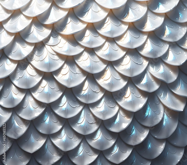 Fototapeta white dragon scale texture background image. Close-up 3D fantasy image of white dragon scales pattern with blank space for use in graphics.