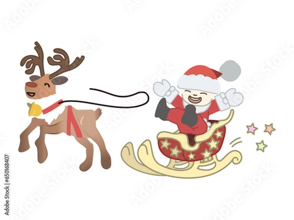 Fototapeta クリスマスのかわいいトナカイとソリと子供のサンタ