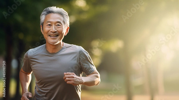 Obraz 公園をランニングするアジア人男性