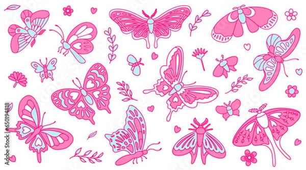Obraz Big set with butterflies, daisies, leaves in blue and pink colors. Nostalgia for the 2000 years. Y2k style.