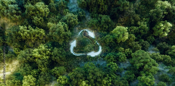 Fototapeta Symbolic emblem of an eco-push for recycling and reusing, depicted as a pond with a recycle sign amid a pristine forest backdrop. 3d rendering.