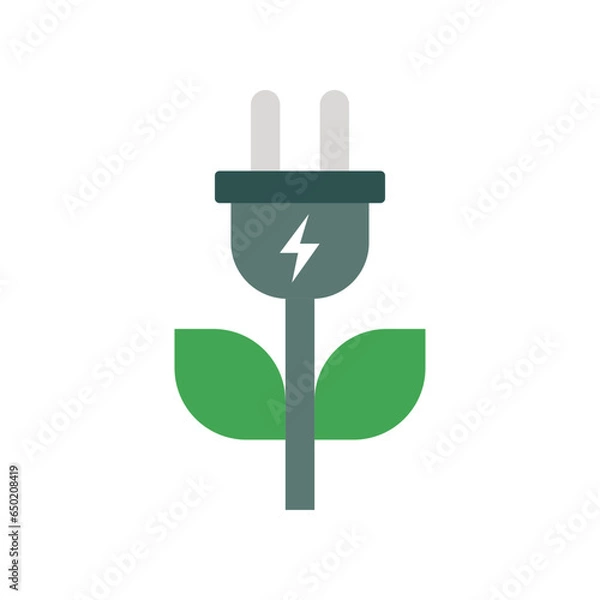 Obraz Flat Design Style Green plug power consumption icon. Green electricity eco energy. Plug and leaf for save energy technology. Ecology charging logo Vector illustration design