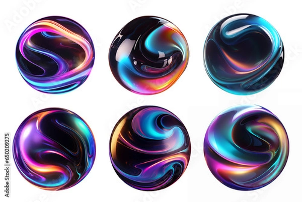 Fototapeta Bold iridescent wavy sphere blob shape isolated set. Colorful liquid paint translucent bubble drop. Ai generated on transparent background png