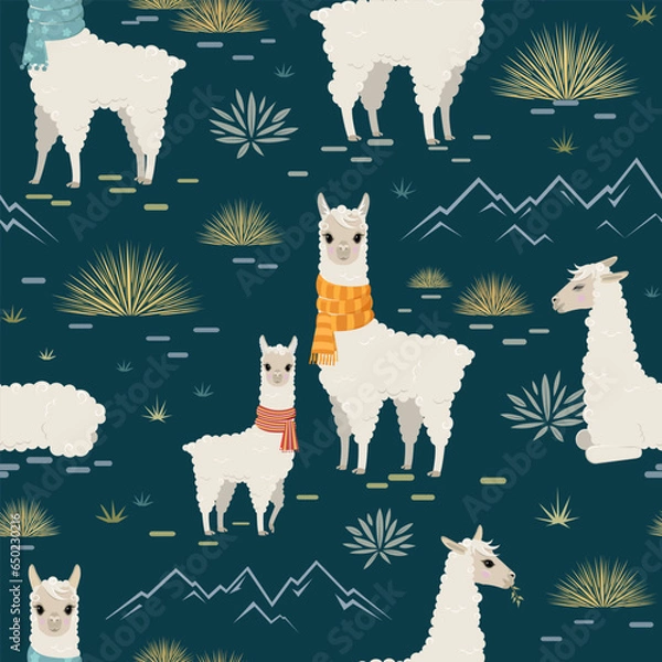 Obraz Seamless vector pattern with various friendly fluffy alpacas in natural environment