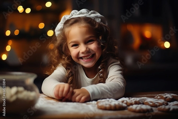 Fototapeta Festive Baking Delight Joyful Little Girl Creating Christmas Cookies in a Cozy Home Kitchen. created with Generative AI