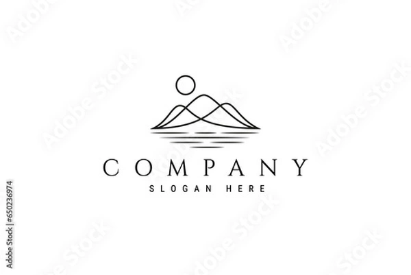 Fototapeta mountain landscape logo with a lake below in sunlight in line art design style