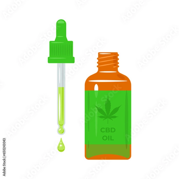 Fototapeta Hemp oil in a bottle with pipette. CBD oil cannabis extract. Medical marijuana. Vector illustration on white background.