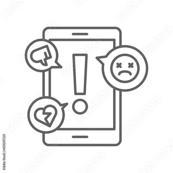 Obraz cyber bullying line icon. Abuse, internet harassment, hate and bully concept. Social media insult. Sad face Victim Online gossip. Editable stroke vector illustration design