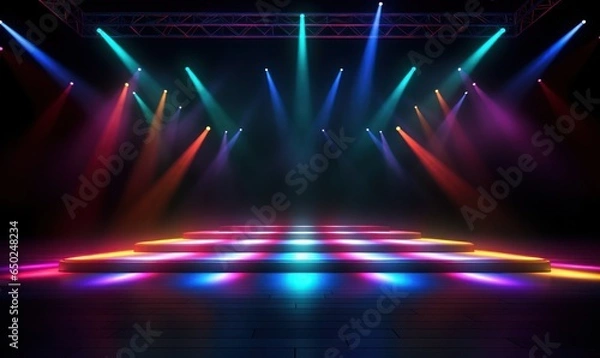 Fototapeta Empty stage with colorful light, photography studio indoor scene