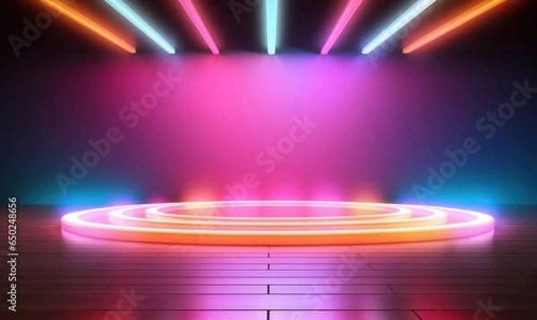 Fototapeta Empty stage with colorful light, photography studio indoor scene