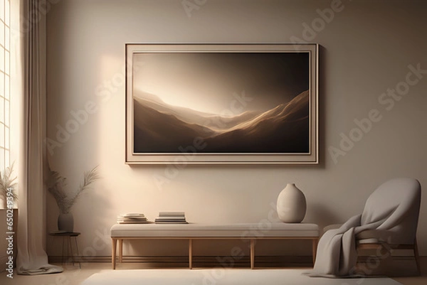 Fototapeta Frame mockup in contemporary minimalist beige room interior in dramatic scenes