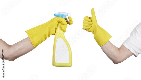 Obraz hand with yellow cleaning product glove showing thumb up