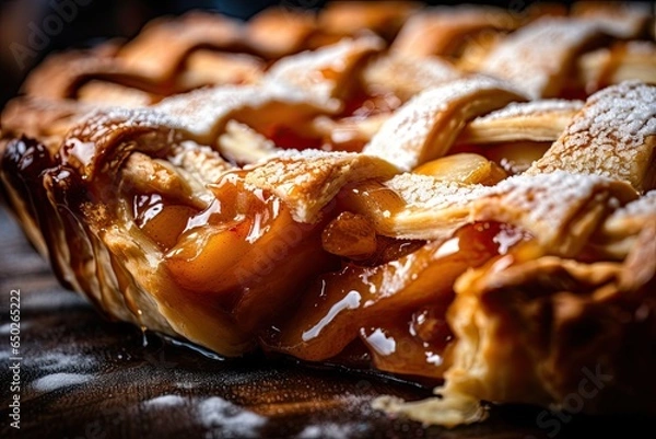 Fototapeta Close up shot of a freshly baked apple pie with a lattice crust, showcase the delicious details of the golden-brown pastry. Generative AI