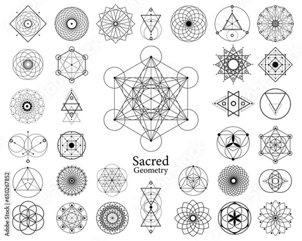 Fototapeta Sacred geometry vector design elements. Alchemy, religion, philosophy, spirituality, hipster symbols and elements. Set collection, tattoo signs isolated on white background 