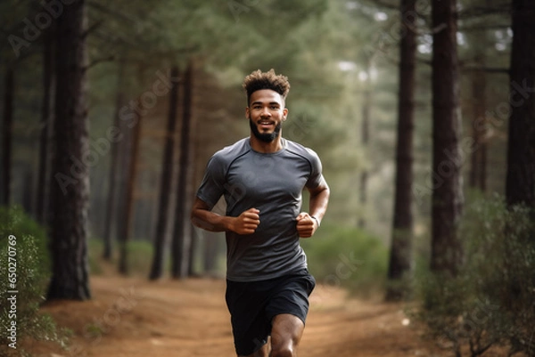 Fototapeta A beautiful strong and fit African American man is running concentrated and smiling with running shoes in a beautiful forest ; a fit and sexy slim person