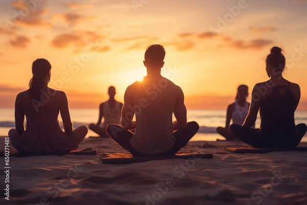 Fototapeta A group of young happy man is doing yoga exercises relaxed and mindfull with a yoga mat on a beautiful beach at sunset