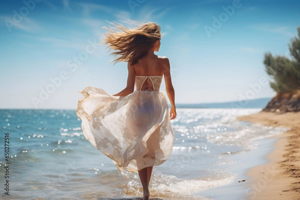 Fototapeta A young and beautiful caucasian woman is running on the sand next to the waterline with a dress on an European beach with a calm ocean - spring weather beach relaxing