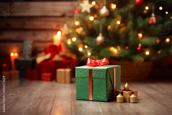 Fototapeta An one green christmas gift box are on the floor in front of a decorated christmas tree with red christmas socks in a wooden cabin or light hut christmas atmosphere