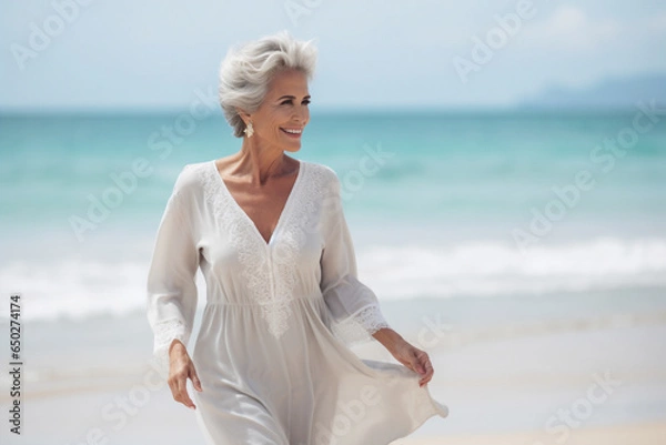 Fototapeta A senior old beautiful caucasian woman is walking on the sand with a dress on a tropical beach with a calm ocean - spring weather beach relaxing