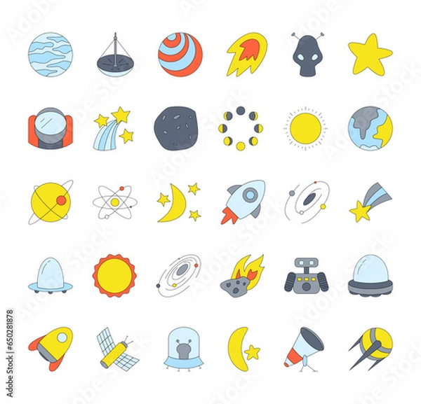 Fototapeta Set space simple element flat vector collection illustration cosmic astronaut theme sky