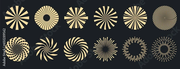 Fototapeta Sunburst collection. Radial sunset beams. Bursting golden sun rays. Fireworks. Logotype or lettering design element. Flat vector illustration.	
