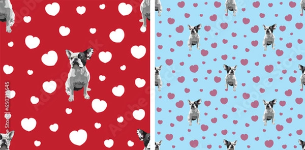 Obraz 2 Saint Valentine wallpaper with hearts and dog mascots. French Bulldog Drawing seamless square pattern, holiday texture. Packaging, textile, decoration, blue wrapping paper. Love design. Red, blue.