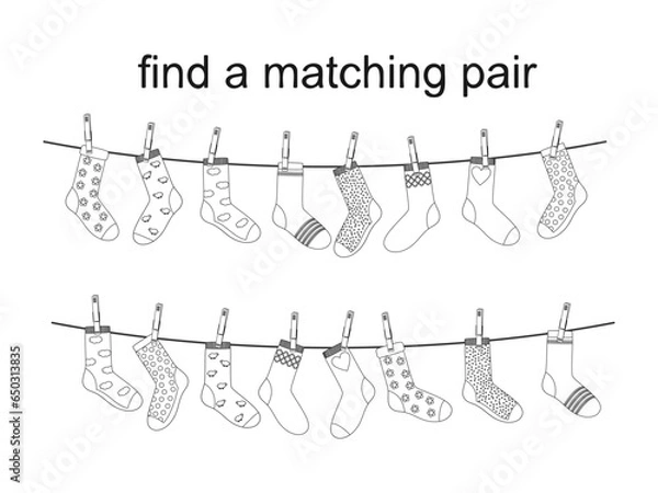 Fototapeta Matching socks game. Puzzle find pair. Preschool children educational worksheet activity. Socks on laundry rope. Match sock patterns vector. Game matching sock, match different illustration