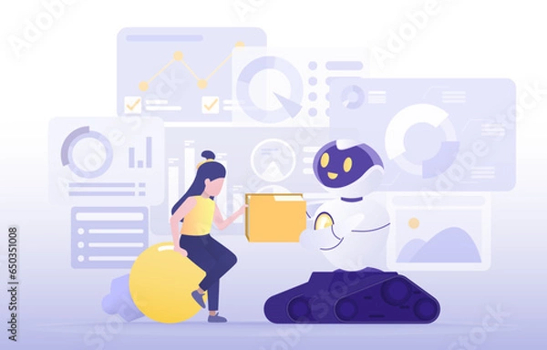 Fototapeta Artificial Intelligence (AI) technology concept. Collaboration between human and ai robot to share or exchange information. Data analysis, strategy management, tactical planning. Vector illustration.