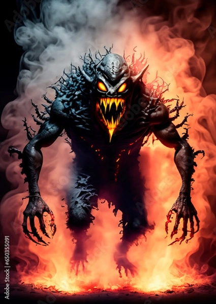 Obraz hairy demon monster crawling out from fire and smoke
