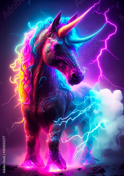 Obraz unicorn with flourecent lights with smoke and lightning