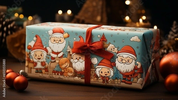 Obraz Whimsical Santa Claus and Reindeer Wrapping Paper