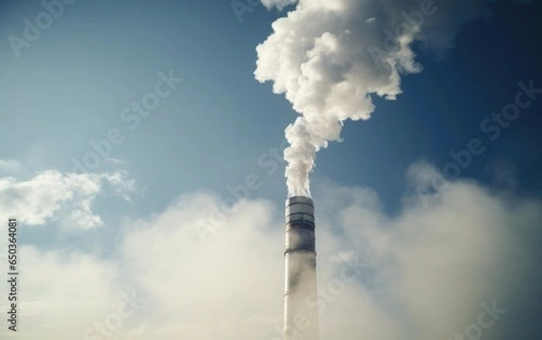 Fototapeta Factory smokestack releasing white smoke over the atmosphere and symbolizing industrial pollution and carbon emissions